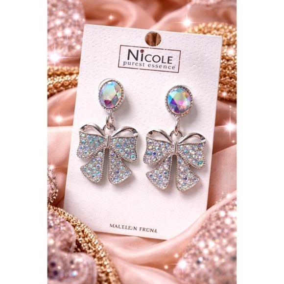 Jewelry - Silver tone Rhinestone Bow Drop Earrings | Iridescent Crystal Statement Earrings